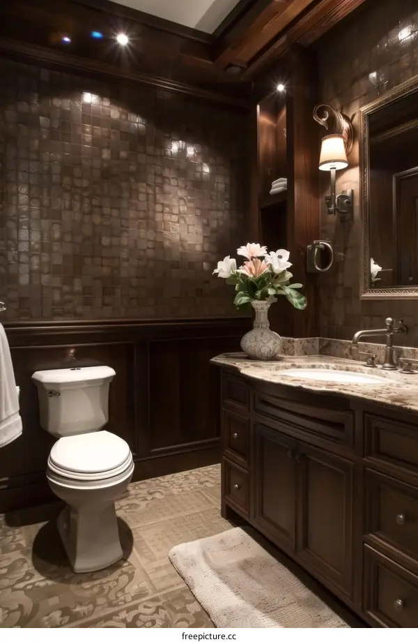 Luxury Dark Brown Bathroom with Decorative Tiles and Cabinets