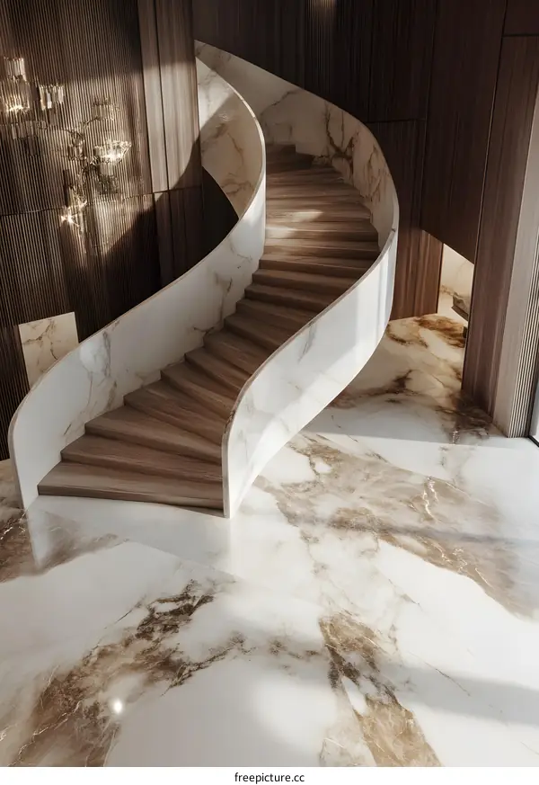 Modern Interior Design Staircase with Marble and Wooden Steps