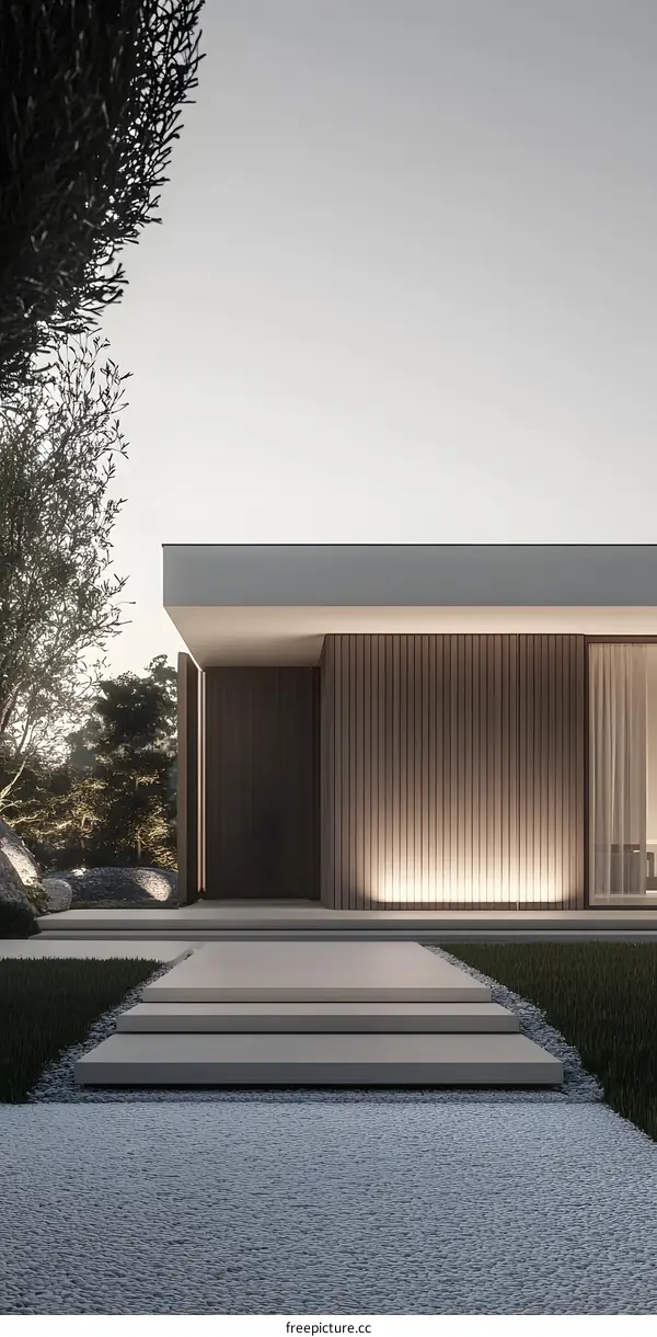 Modern Minimalist House with Concrete Steps and Gravel Pathway