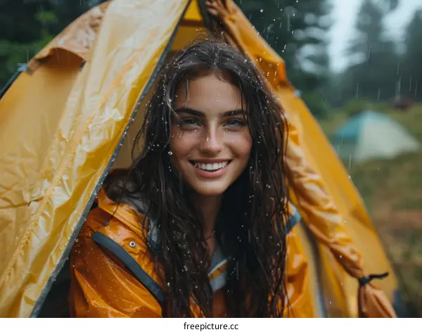 Smiling woman in a yellow raincoat standing in the rain outside a tent
