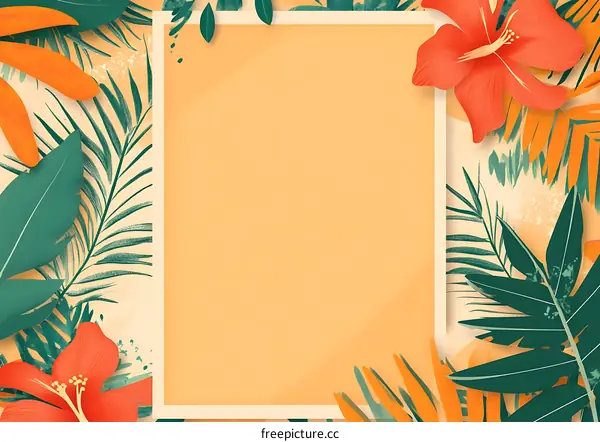 Tropical Leaves and Flowers Border with Orange Background