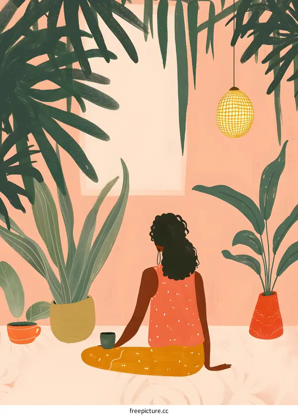 Woman Sitting in a Room with Plants and a Light Fixture