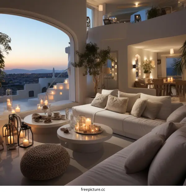 Modern luxury villa living room with stunning sunset view