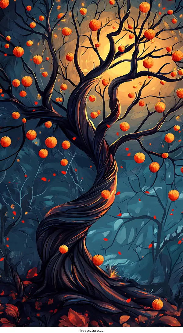 Twisted Tree with Orange Fruits in Autumn Forest