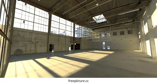 Empty Industrial Building with Large Windows and Concrete Floor
