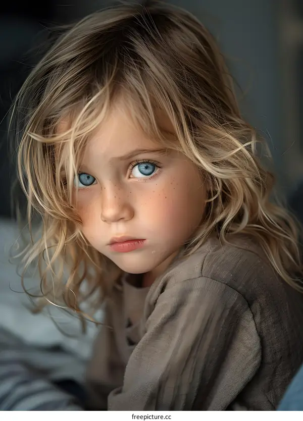 Portrait of a young girl with blonde hair and blue eyes
