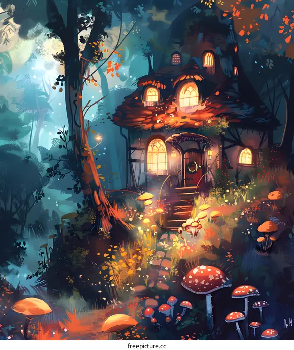 Fantasy Cottage in the Forest with Mushrooms