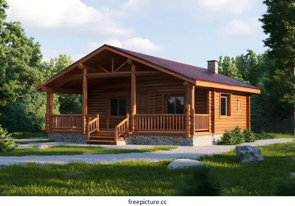 Wooden Cabin House in Forest Landscape