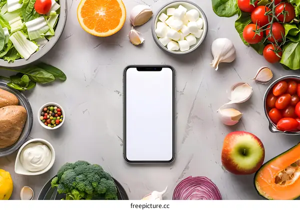 Flat Lay of Fresh Vegetables and Fruits with a Smartphone