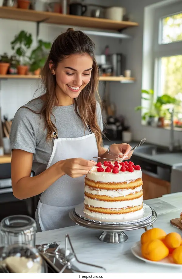 Woman Decorating a Multi-Layered Raspberry Cake in Kitchen