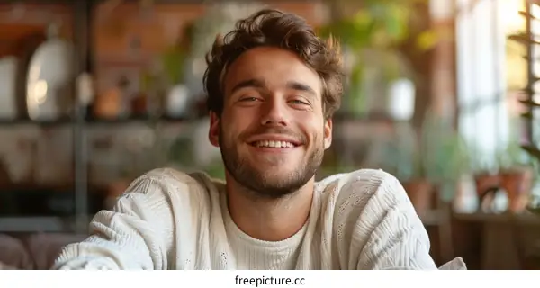 Smiling Man in a Cozy Cafe Setting