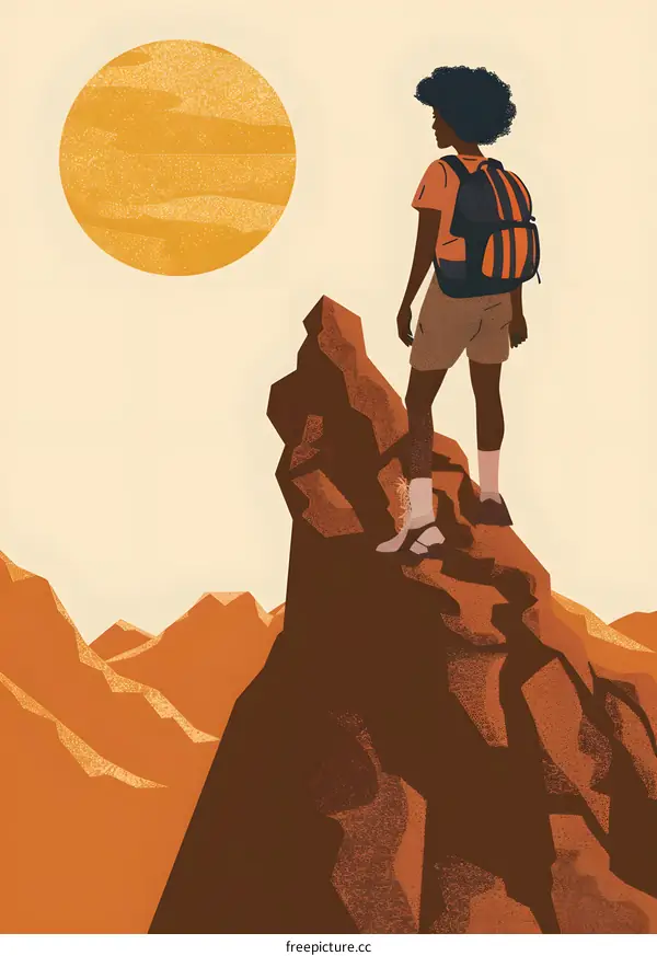 Woman with Backpack Standing on Mountaintop