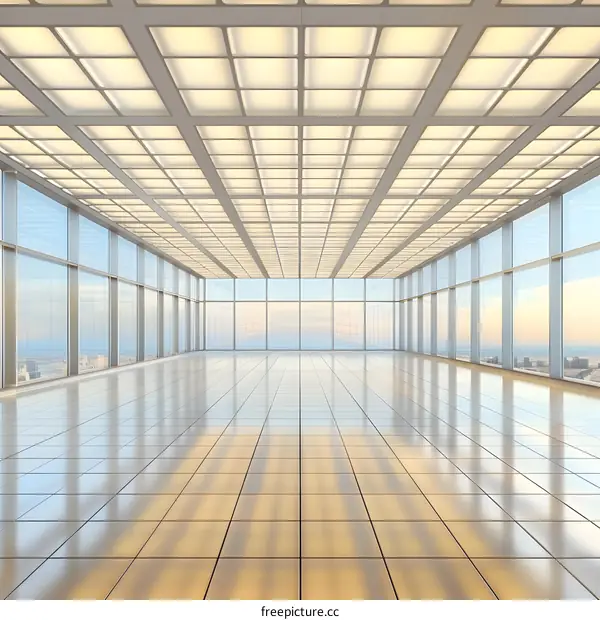 Empty Modern Office Building Interior With Floor to Ceiling Windows