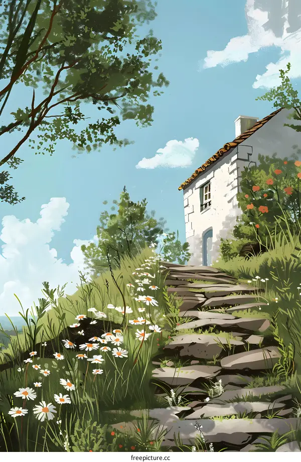 Stone Steps Leading to a White House in a Meadow