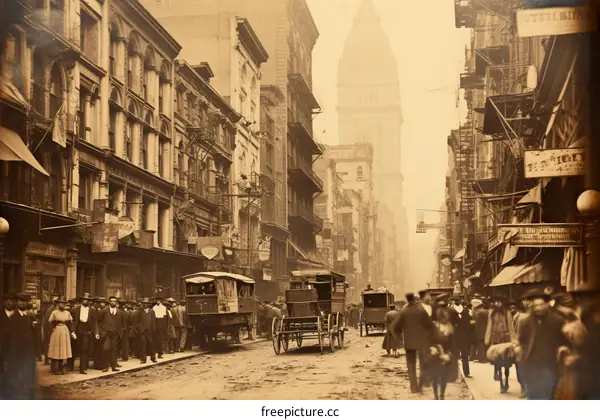 Crowded New York City street with horse-drawn carriages and pedestrians in the early 20th century