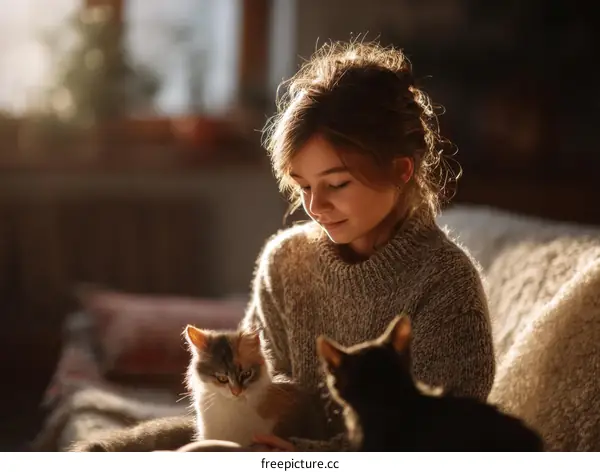 Girl and Cats Cozy Indoor Scene