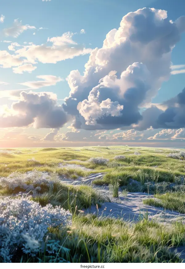 Sunlit Grassland with White Clouds