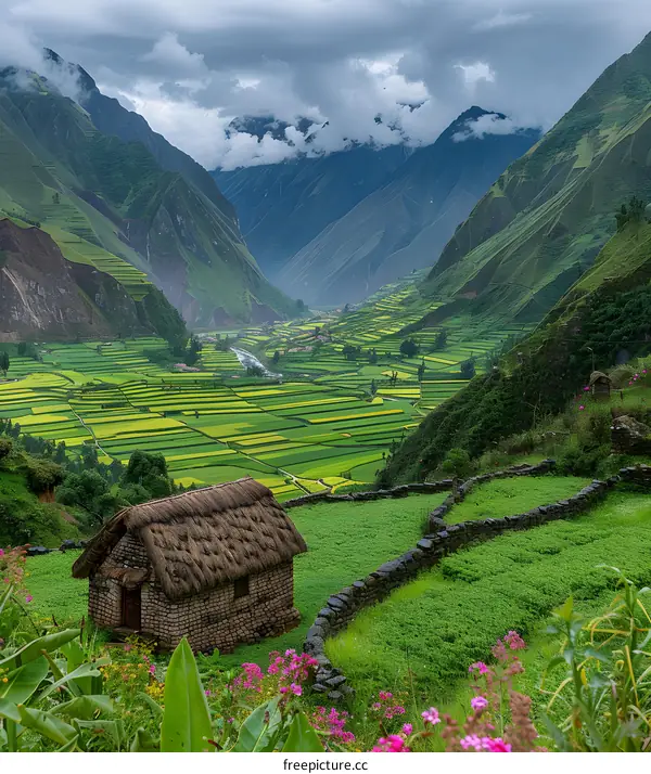 Green Terraced Fields with Stone Wall and Hut in Mountain Valley