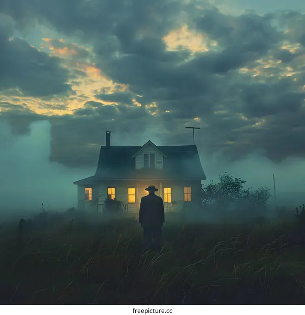 Man standing in front of a house at night