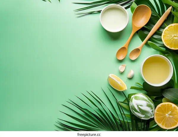 Green Background with Tropical Leaves, Lemons, and Wooden Spoons