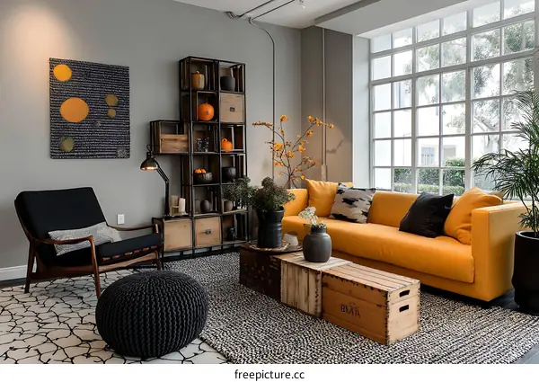 Modern Farmhouse Living Room with Orange Sofa