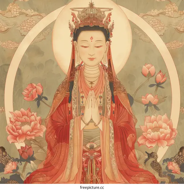Avalokiteshvara Bodhisattva: Compassionate Deity on a Lotus Throne with Peacocks
