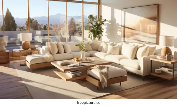 Bright living room with large windows and a comfortable couch