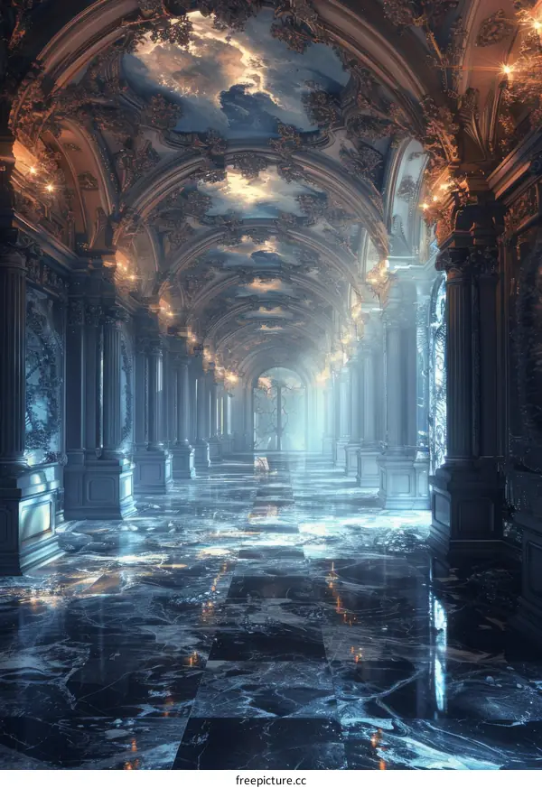 Ornate Hallway with Marble Floor and Coffered Ceiling
