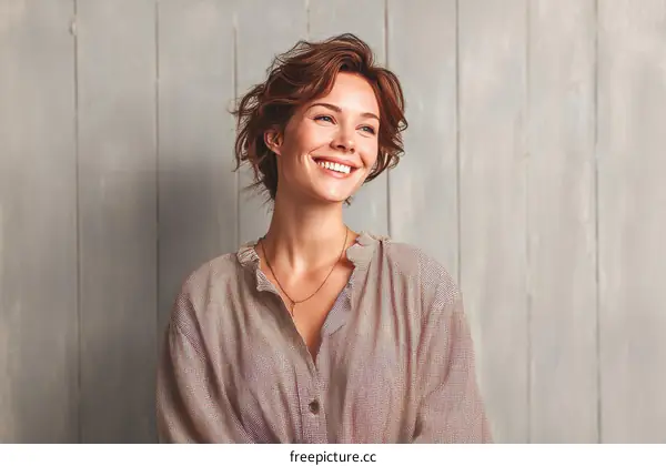 Smiling Woman Posing Against a Light Gray Wooden Wall