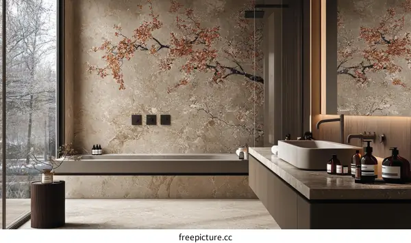 Modern Beige Bathroom with Artistic Cherry Blossom Design