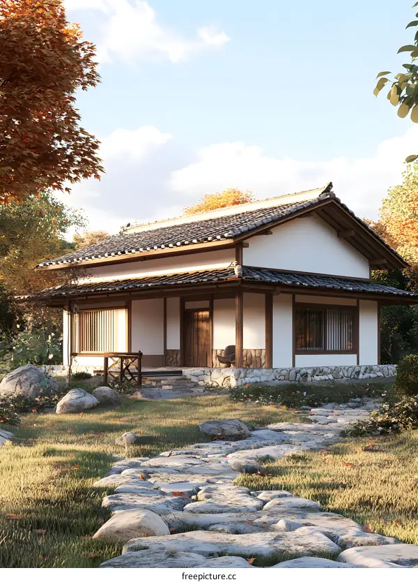 Japanese Traditional House with Stone Path and Autumn Leaves