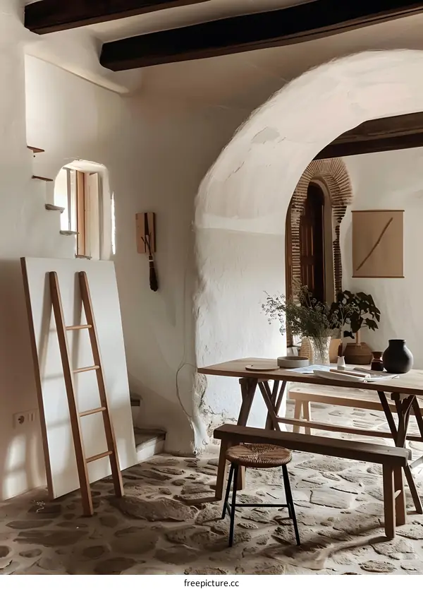 Rustic Farmhouse Interior Design with Stone Floor and Wooden Table