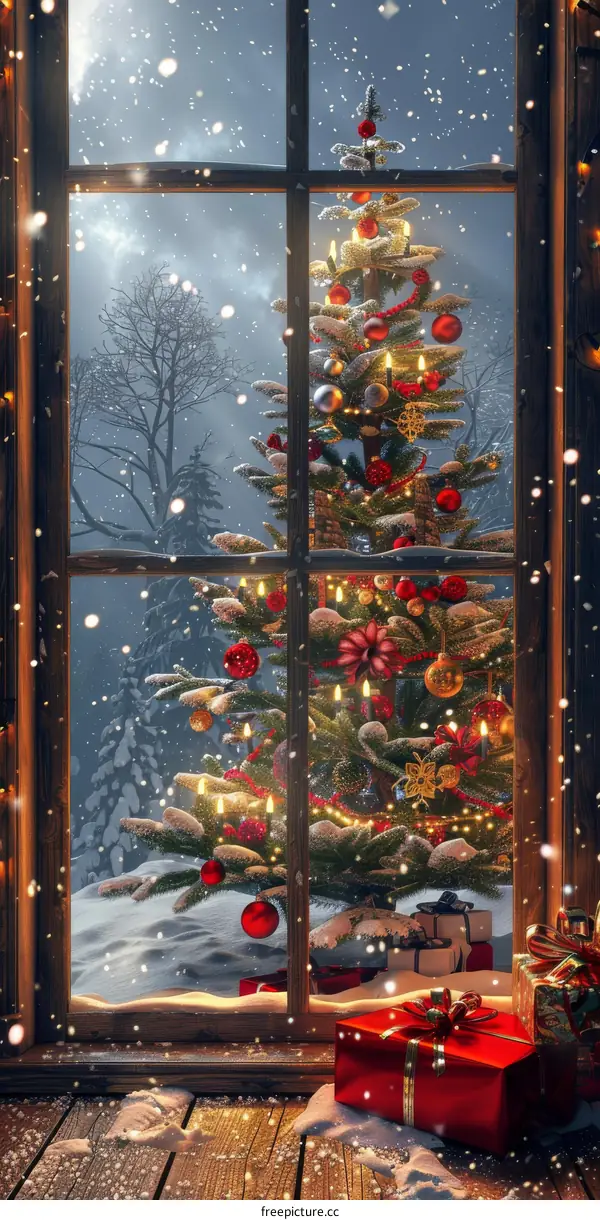 Christmas Tree Through a Snowy Window