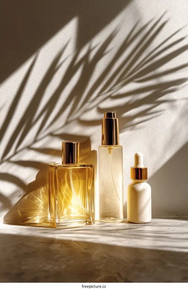 Elegant Skincare and Perfume Bottles Under Natural Sunlight