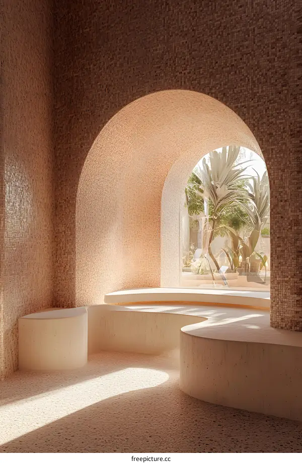 Modern Arch Window with Curved Benches and Sunlight