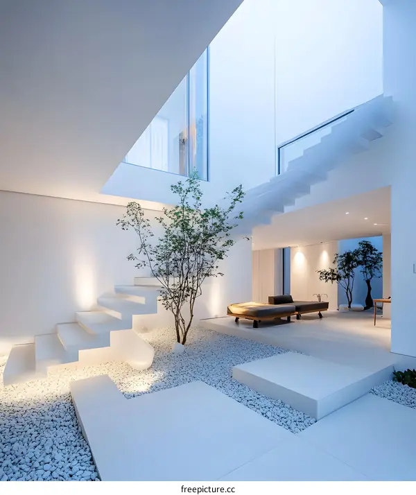 Modern Minimalist Interior Design With White Walls And  Skylight