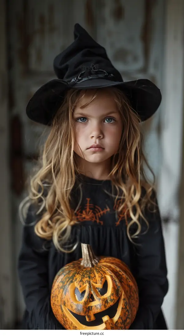 Little Witch Holding a Pumpkin for Halloween