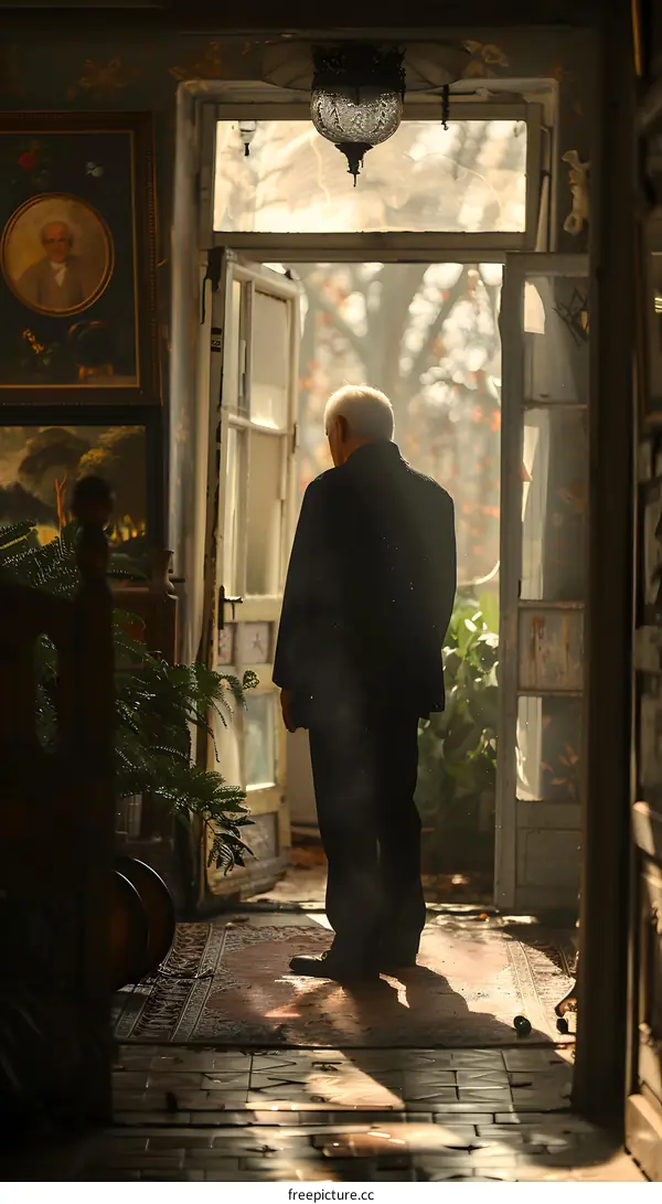 An old man standing in a doorway
