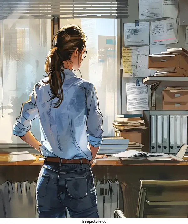 A woman standing in front of a window looking at the city