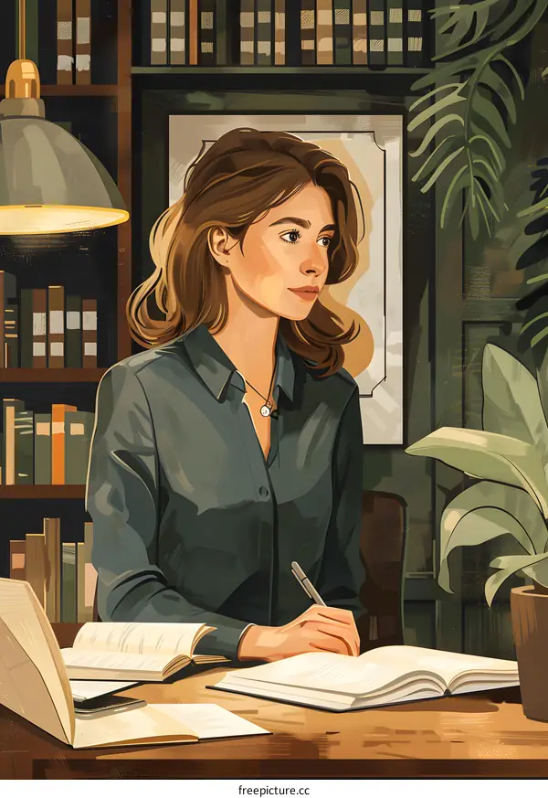 A thoughtful illustration of a woman writing in her journal