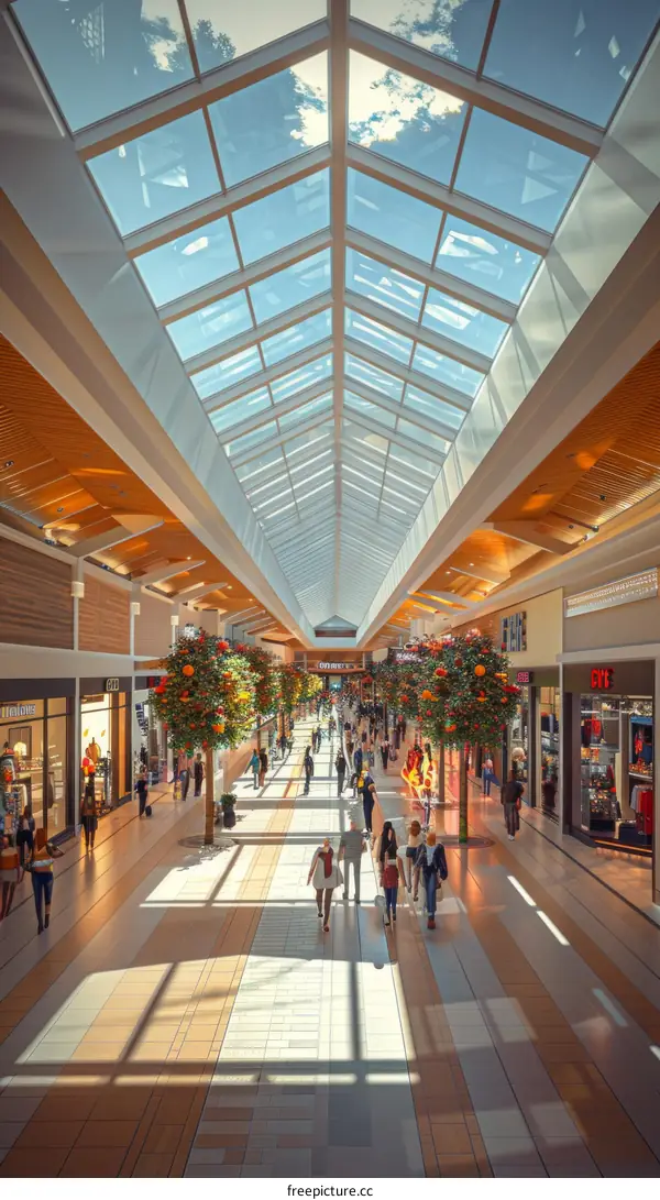 Crowded shopping mall with glass roof