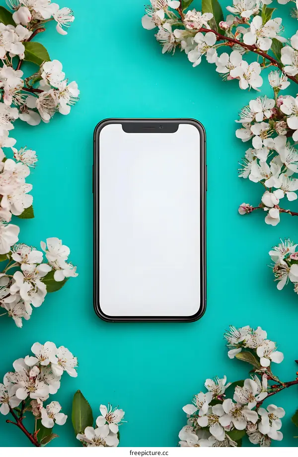 Blank Phone Screen Surrounded by White Flowers on Teal Background