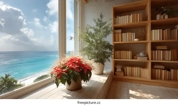 Coastal Window View with Bookshelves