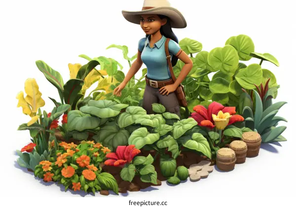 A female farmer wearing a hat is inspecting her bountiful garden.