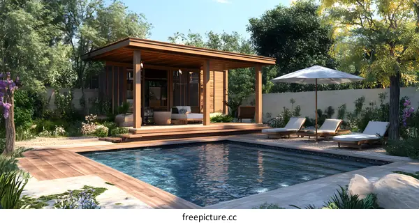 Modern Wooden Cabana with a Pool and Lounge Chairs