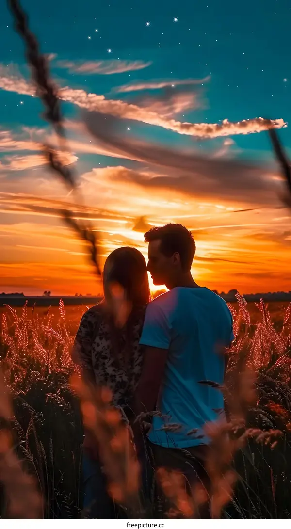 Couple Silhouetted Against Sunset Sky With Stars