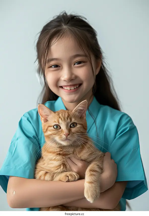 Little girl hugging an orange cat
