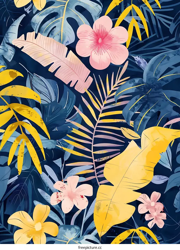 Tropical Seamless Pattern with Watercolor Leaves and Flowers