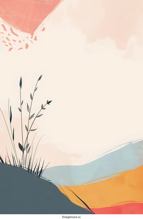 Abstract Landscape with Minimalist Plants and Brushstrokes