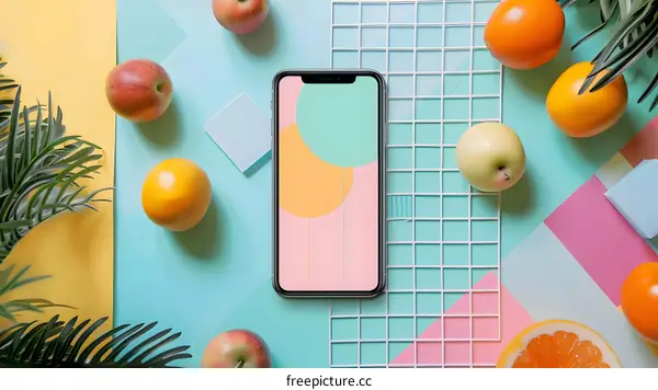 Colorful Flat Lay with Smartphone, Fruit and Palm Leaves